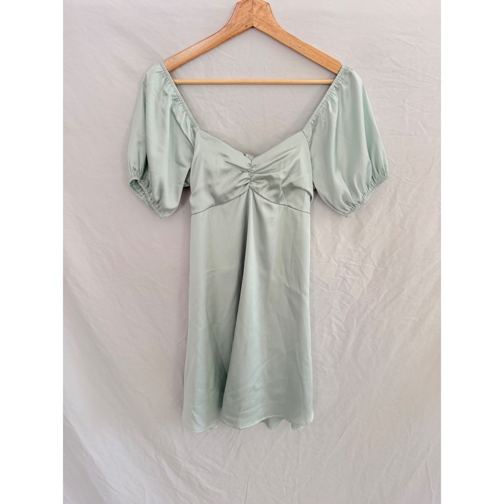 Altar'd State Mini Dress Womens Mint Green Satin Puff Sleeve Tie Back XS